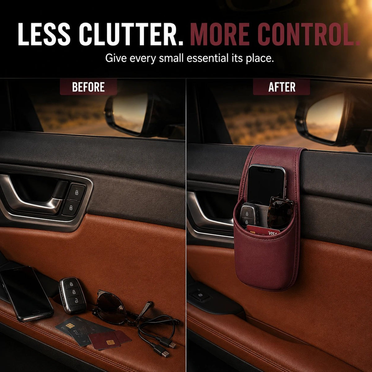 Leather Car Door Storage Pocket | Double-Layer Car Door Organizer