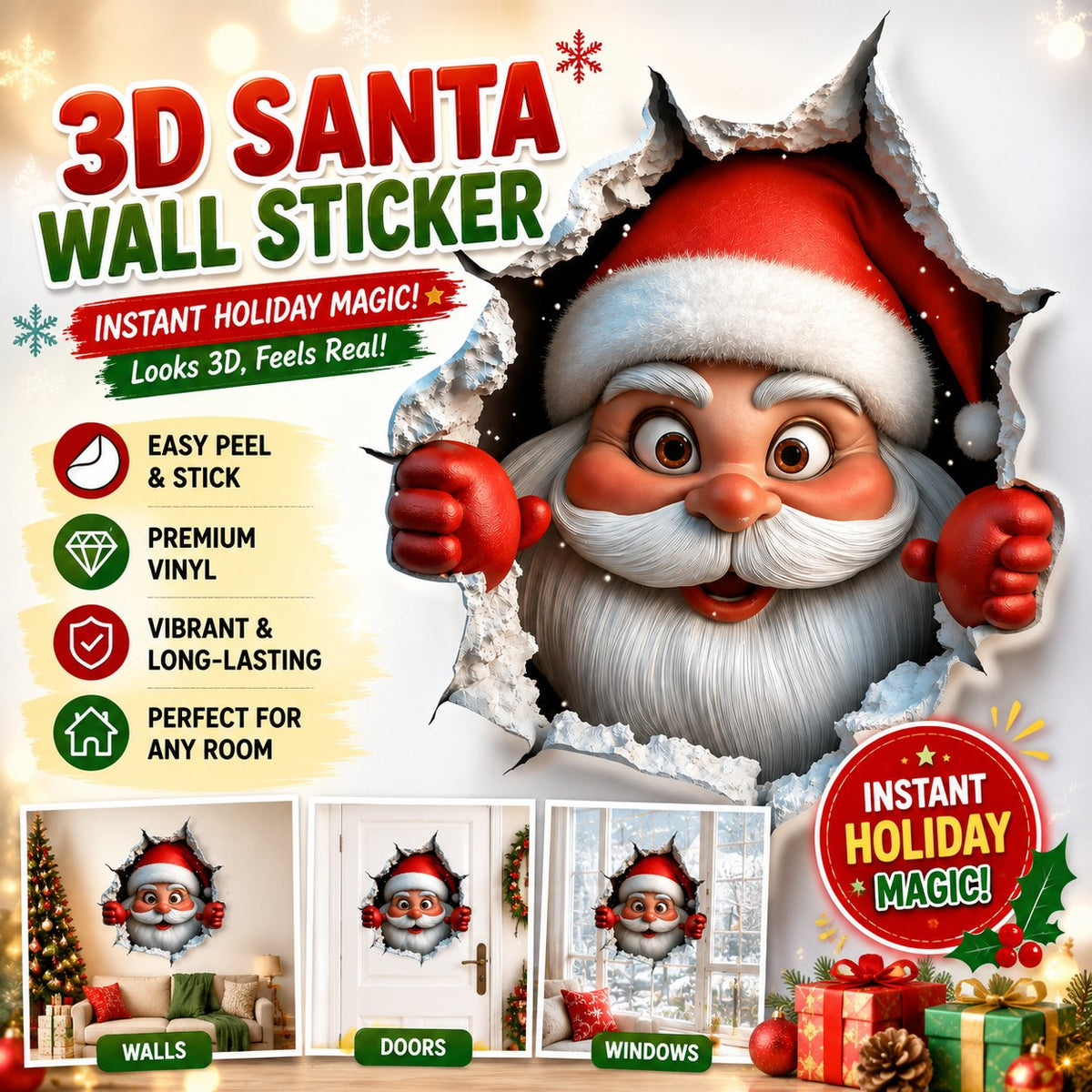 🎅🎅🎅3D Illusion Santa Face Vinyl Stickers – Easy Peel-and-Stick Holiday Wall Decals